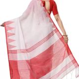 Handloom Traditional Tant Temple Border Saree - White & Red