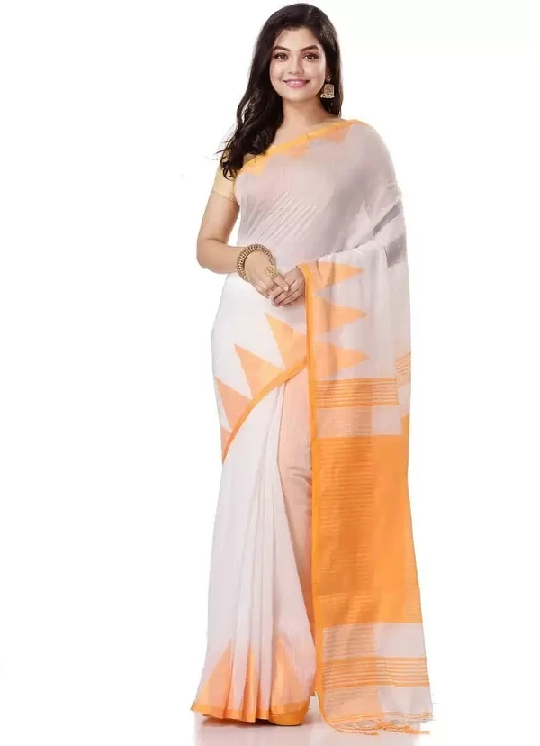 Handloom Traditional Tant Temple Border Saree - White & Orange