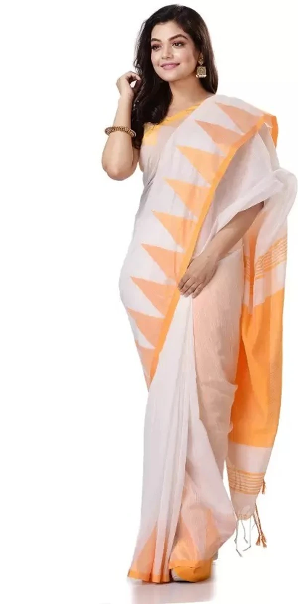 Handloom Traditional Tant Temple Border Saree - White & Orange