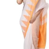 Handloom Traditional Tant Temple Border Saree - White & Orange