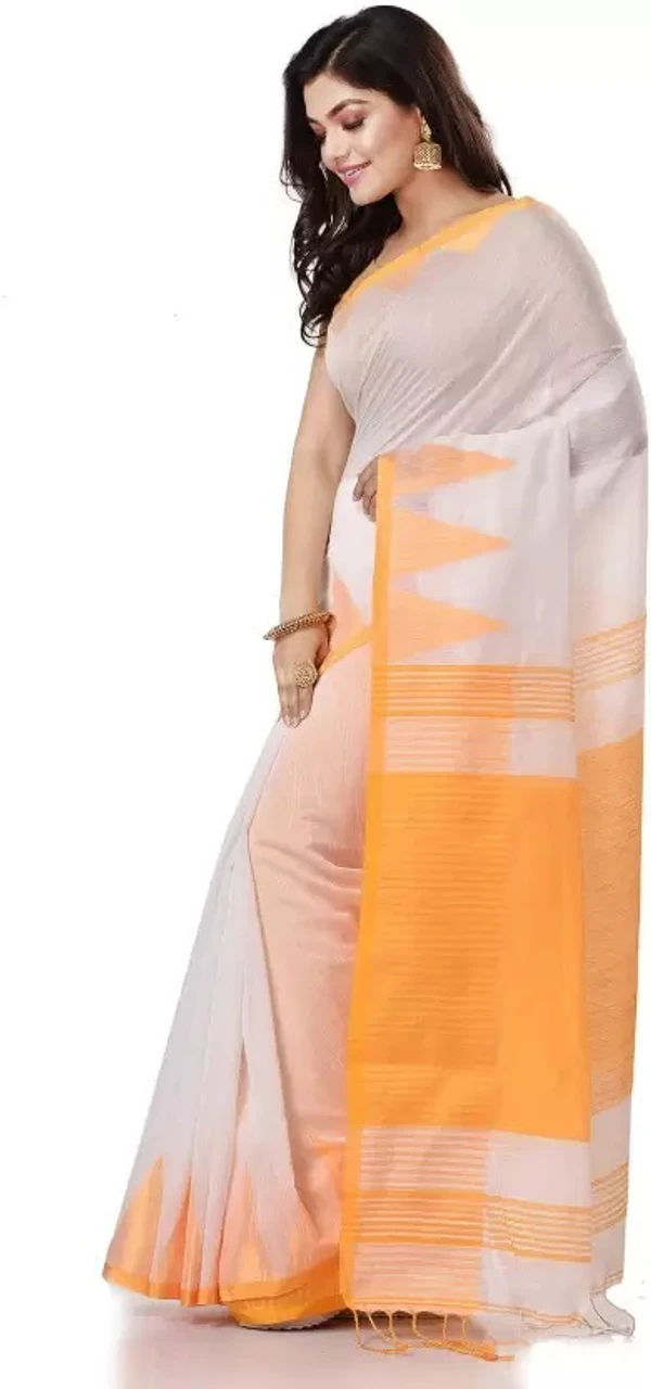 Handloom Traditional Tant Temple Border Saree - White & Orange