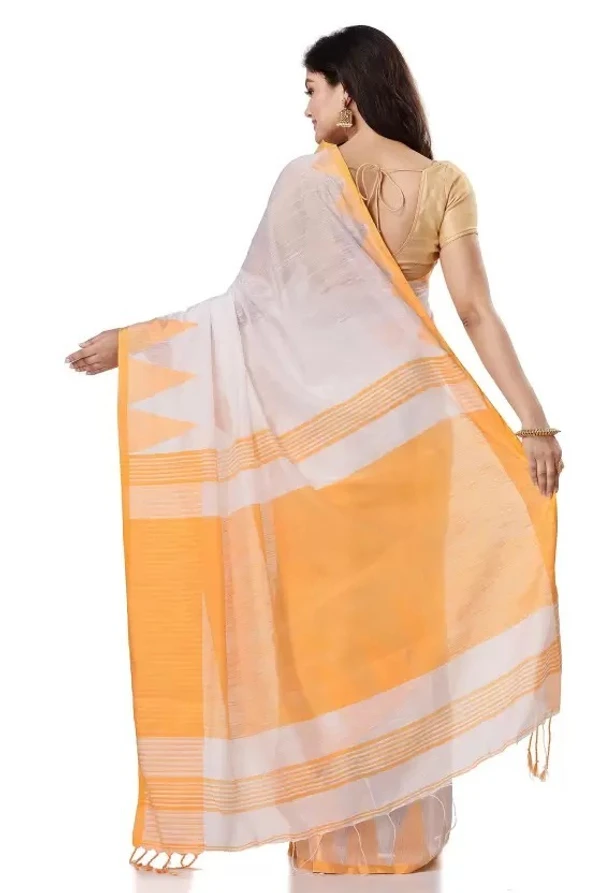 Handloom Traditional Tant Temple Border Saree - White & Orange