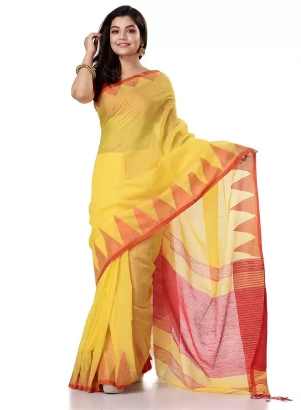 Handloom Traditional Tant Temple Border Saree - Yellow & Red