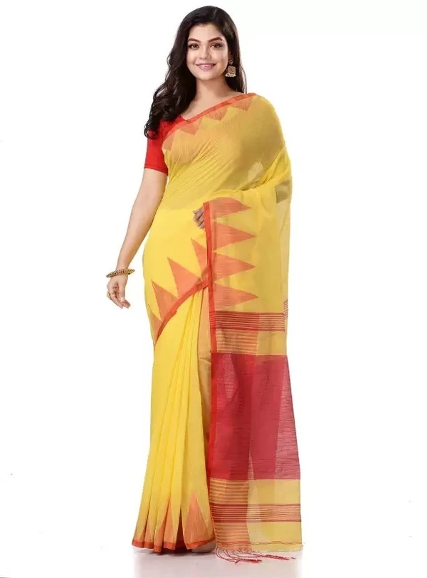 Handloom Traditional Tant Temple Border Saree - Yellow & Red