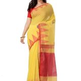 Handloom Traditional Tant Temple Border Saree - Yellow & Red
