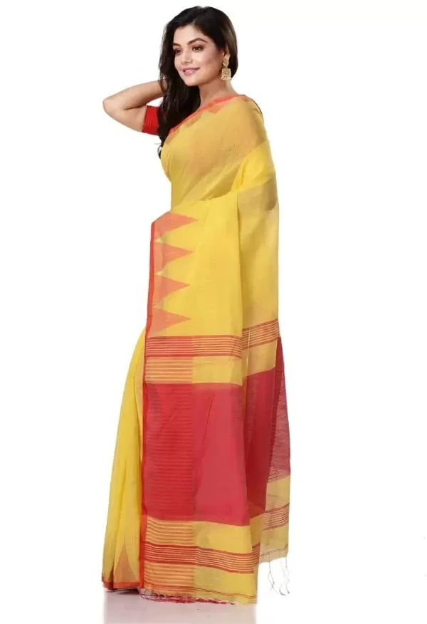 Handloom Traditional Tant Temple Border Saree - Yellow & Red