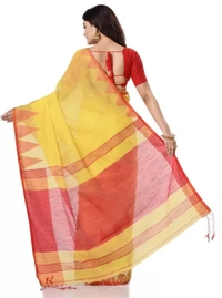Handloom Traditional Tant Temple Border Saree - Yellow & Red