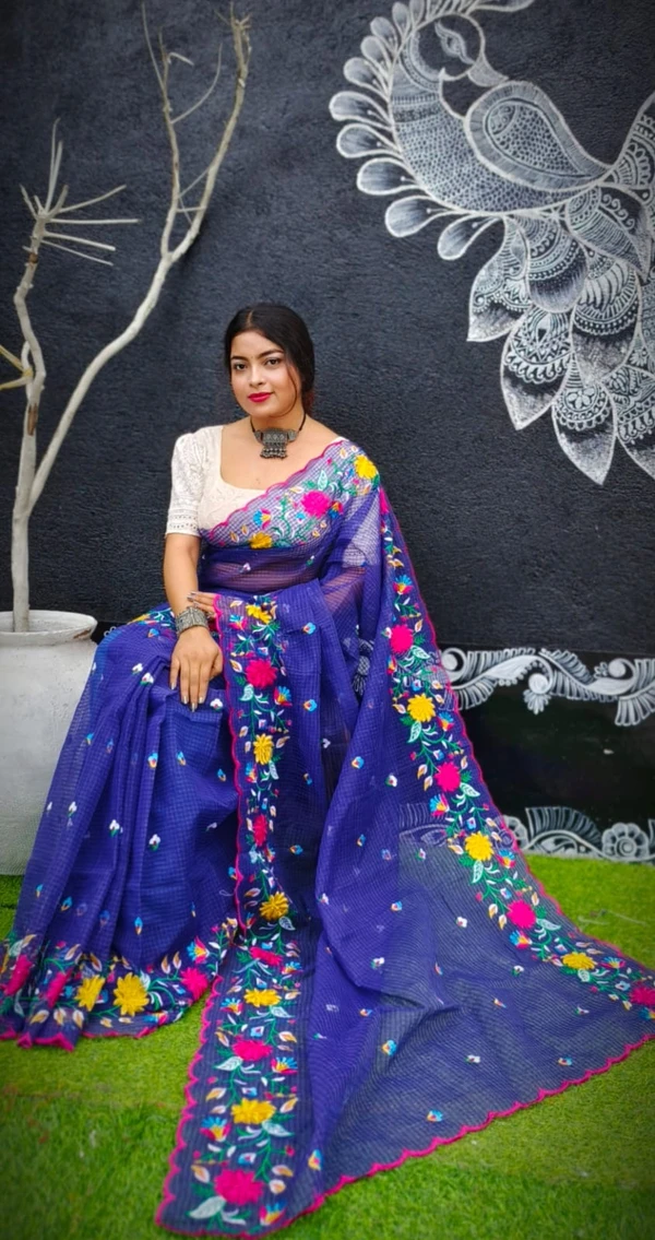 Handloom Artistic Floral Embroidered Saree - Blue