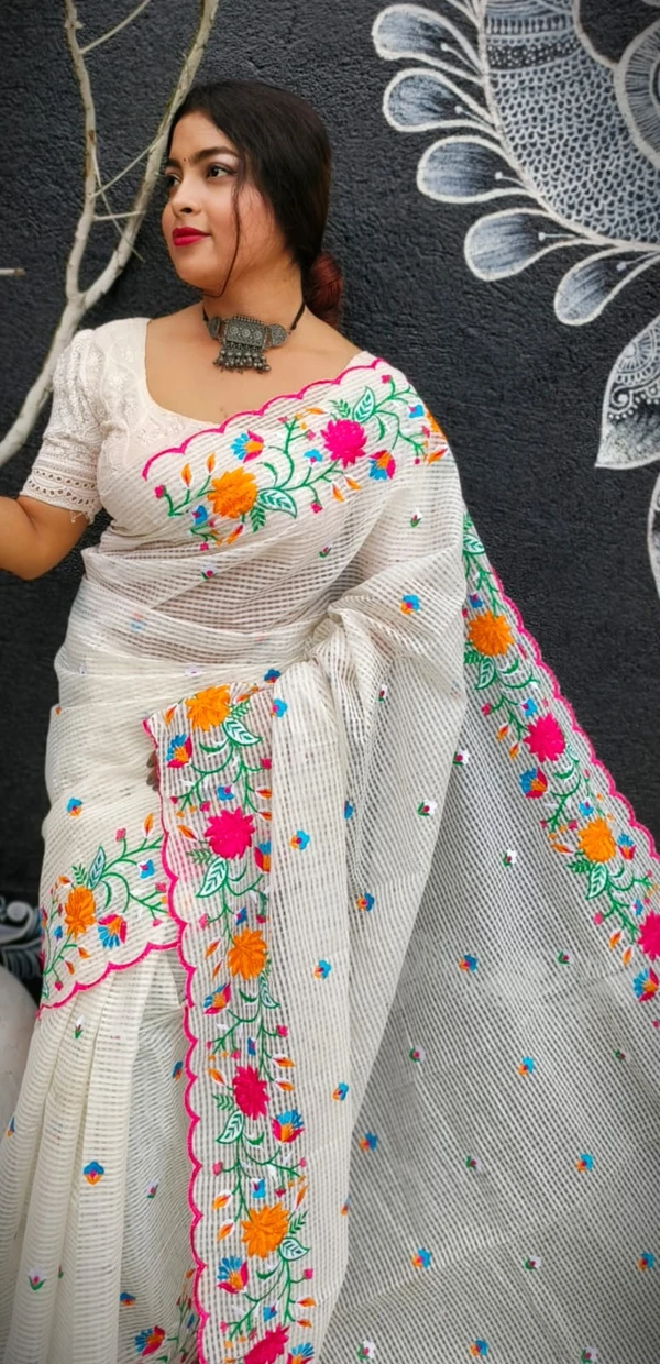 Handloom Artistic Floral Embroidered Saree - White