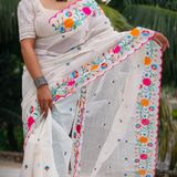 Handloom Artistic Floral Embroidered Saree - White