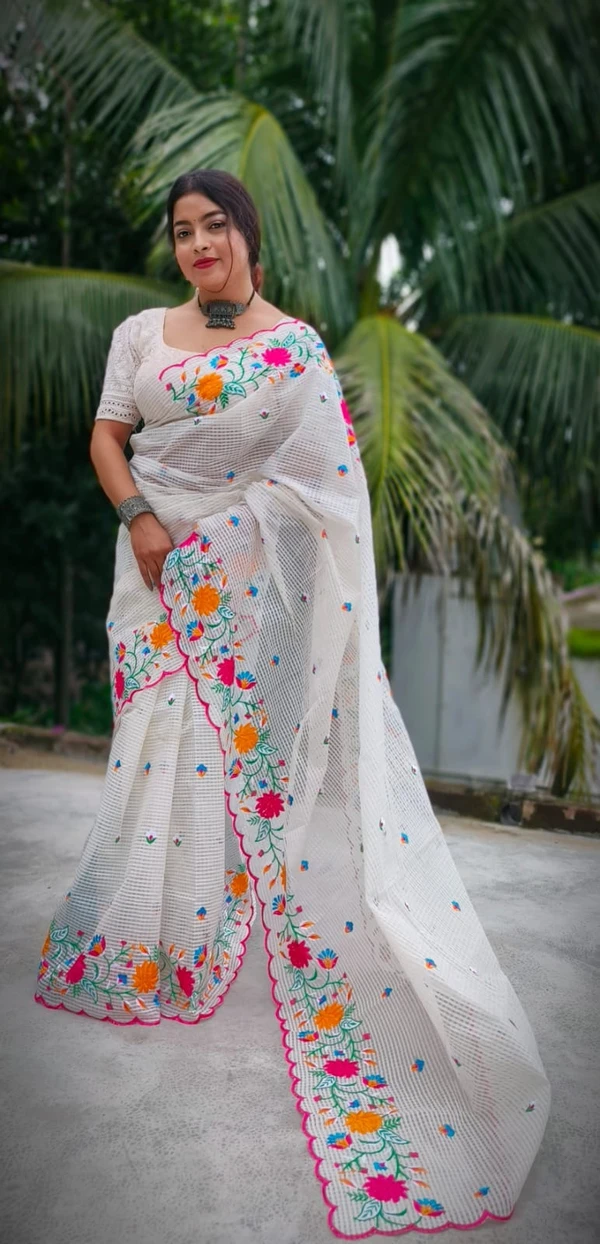 Handloom Artistic Floral Embroidered Saree - White