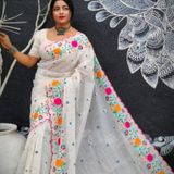 Handloom Artistic Floral Embroidered Saree - White