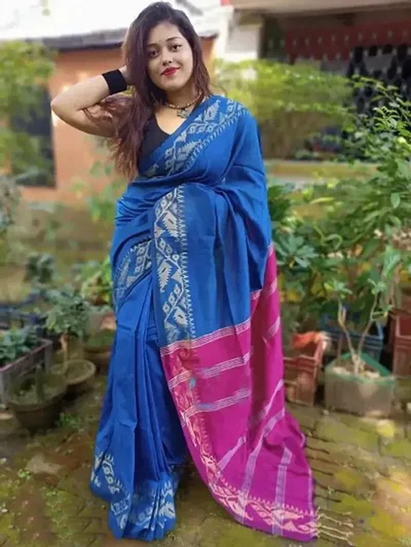 Handloom Jamdani Woven Zari Pallu Saree - Blue & Magenta