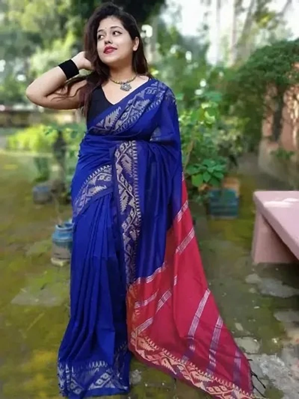 Handloom Jamdani Woven Zari Pallu Saree - Royal Blue & Maroon