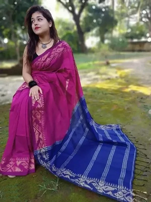 Handloom Jamdani Woven Zari Pallu Saree - Magenta & Blue