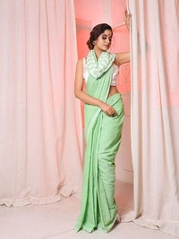 Handloom Contrast Color Strips Pallu Saree - Granny Smith Apple, Cotton, Cotton
