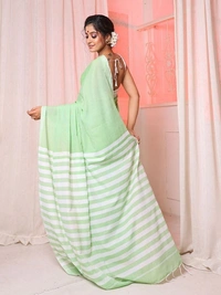 Handloom Contrast Color Strips Pallu Saree - Granny Smith Apple, Cotton, Cotton