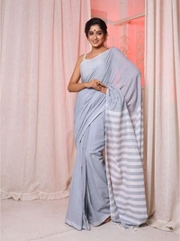 Handloom Contrast Color Strips Pallu Saree - Seagull, Cotton, Cotton (CK)