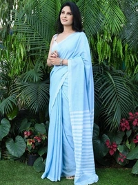 Handloom Contrast Color Strips Pallu Saree - Regent St Blue, Cotton, Cotton (CK)