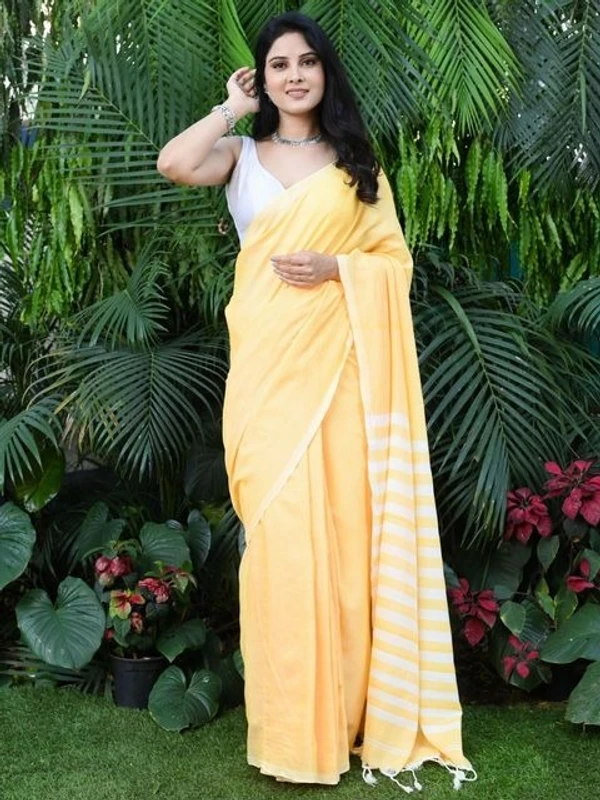 Handloom Contrast Color Strips Pallu Saree - Cream, Cotton, Cotton (CK)