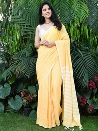 Handloom Contrast Color Strips Pallu Saree - Cream, Cotton, Cotton (CK)