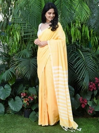 Handloom Contrast Color Strips Pallu Saree - Cream, Cotton, Cotton (CK)