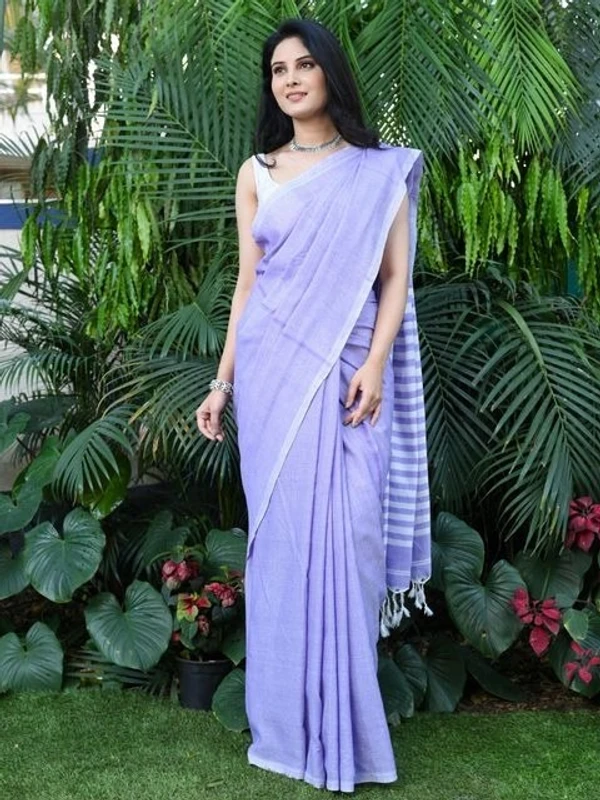 Handloom Contrast Color Strips Pallu Saree - Mauve, Cotton, Cotton (CK)