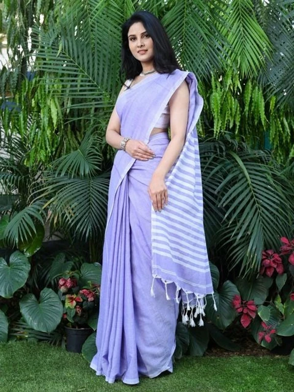 Handloom Contrast Color Strips Pallu Saree - Mauve, Cotton, Cotton (CK)