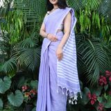 Handloom Contrast Color Strips Pallu Saree - Mauve, Cotton, Cotton (CK)