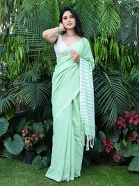 Handloom Contrast Color Strips Pallu Saree - Algae Green, Cotton, Cotton