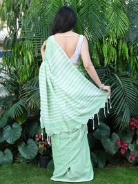 Handloom Contrast Color Strips Pallu Saree - Algae Green, Cotton, Cotton