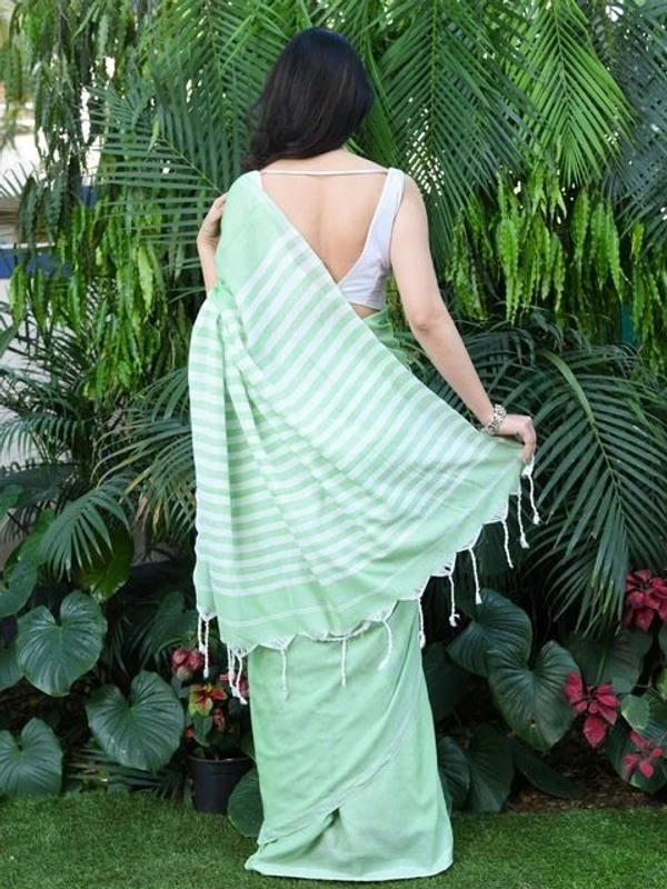 Handloom Contrast Color Strips Pallu Saree - Algae Green, Cotton, Cotton (CK)