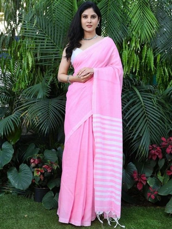 Handloom Contrast Color Strips Pallu Saree - Magenta / Fuchsia, Cotton, Cotton (CK)