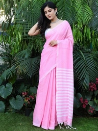 Handloom Contrast Color Strips Pallu Saree - Magenta / Fuchsia, Cotton, Cotton
