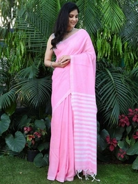 Handloom Contrast Color Strips Pallu Saree - Magenta / Fuchsia, Cotton, Cotton