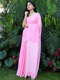 Handloom Contrast Color Strips Pallu Saree - Magenta / Fuchsia, Cotton, Cotton