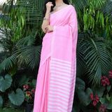 Handloom Contrast Color Strips Pallu Saree - Magenta / Fuchsia, Cotton, Cotton (CK)