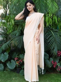 Handloom Contrast Color Strips Pallu Saree - Peach, Cotton, Cotton (CK)