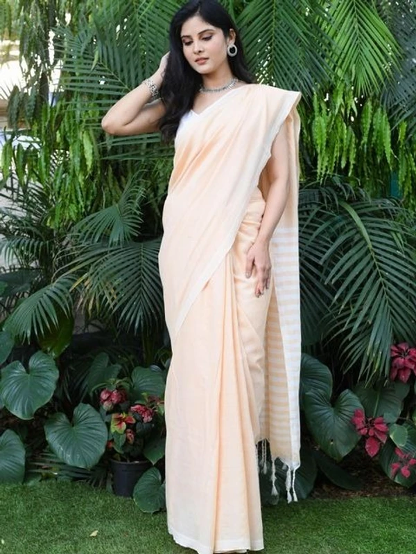 Handloom Contrast Color Strips Pallu Saree - Peach, Cotton, Cotton (CK)
