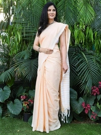 Handloom Contrast Color Strips Pallu Saree - Peach, Cotton, Cotton (CK)
