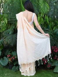 Handloom Contrast Color Strips Pallu Saree - Peach, Cotton, Cotton (CK)