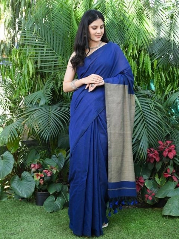Handloom Solid Color Slab Gichha Pallu Saree - Blue Ribbon