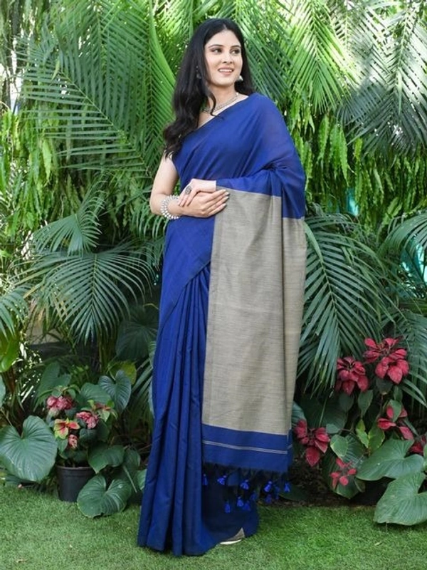 Handloom Solid Color Slab Gichha Pallu Saree - Blue Ribbon