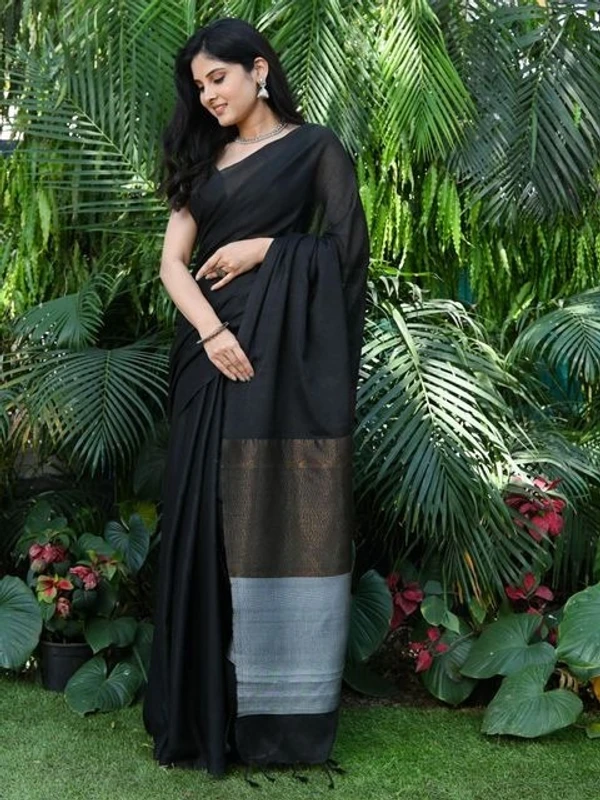 Handloom Solid Color 2D Pallu Saree - Black, Cotton, Cotton (CK)