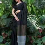 Handloom Solid Color 2D Pallu Saree - Black, Cotton, Cotton (CK)