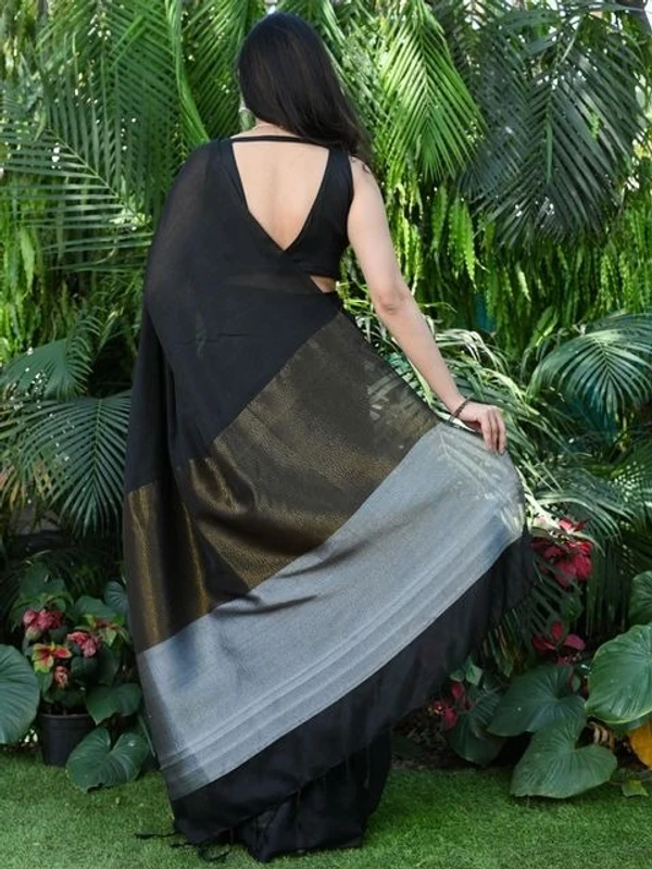 Handloom Solid Color 2D Pallu Saree - Black, Cotton, Cotton (CK)