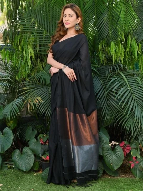 Handloom Solid Color 2D Pallu Saree - Black, Cotton, Cotton (CK)