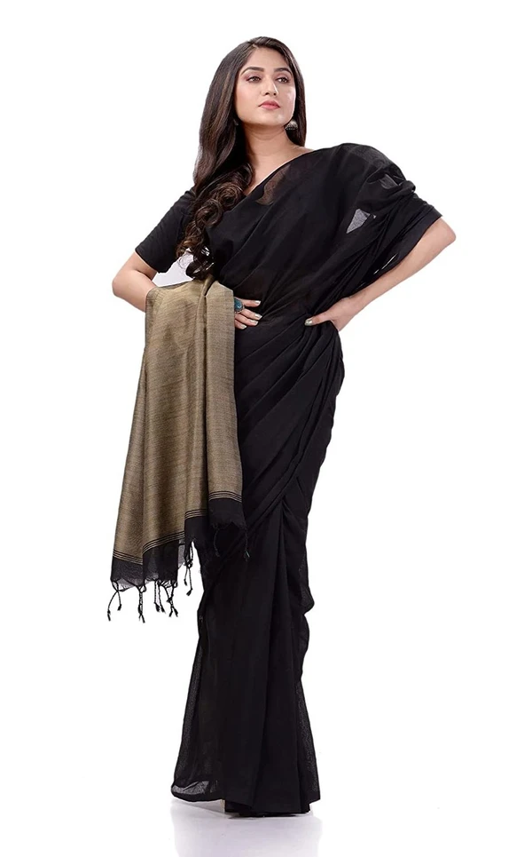 Handloom Solid Color Slab Pallu Saree - Black