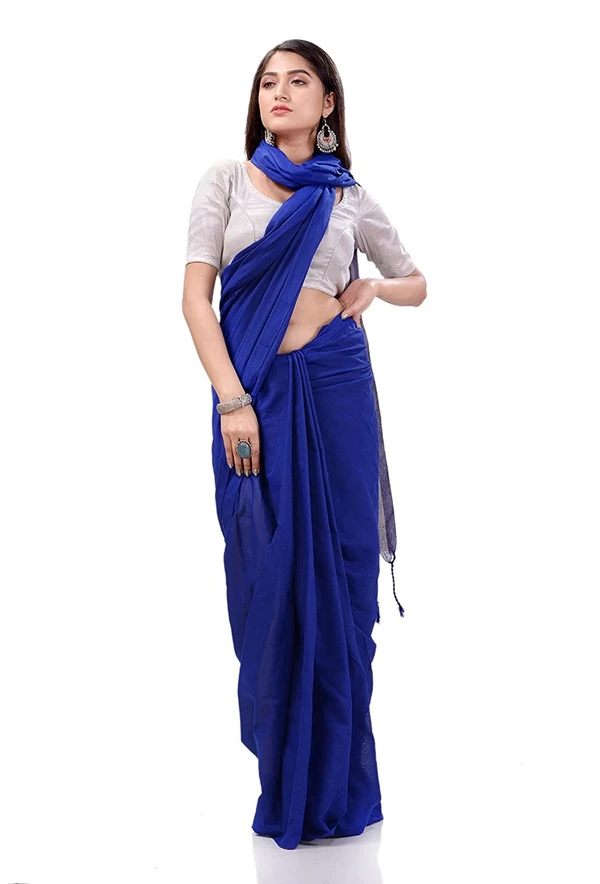Handloom Solid Color Slab Pallu Saree - Blue