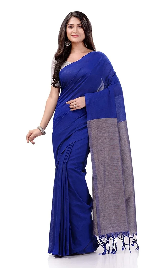 Handloom Solid Color Slab Pallu Saree - Blue